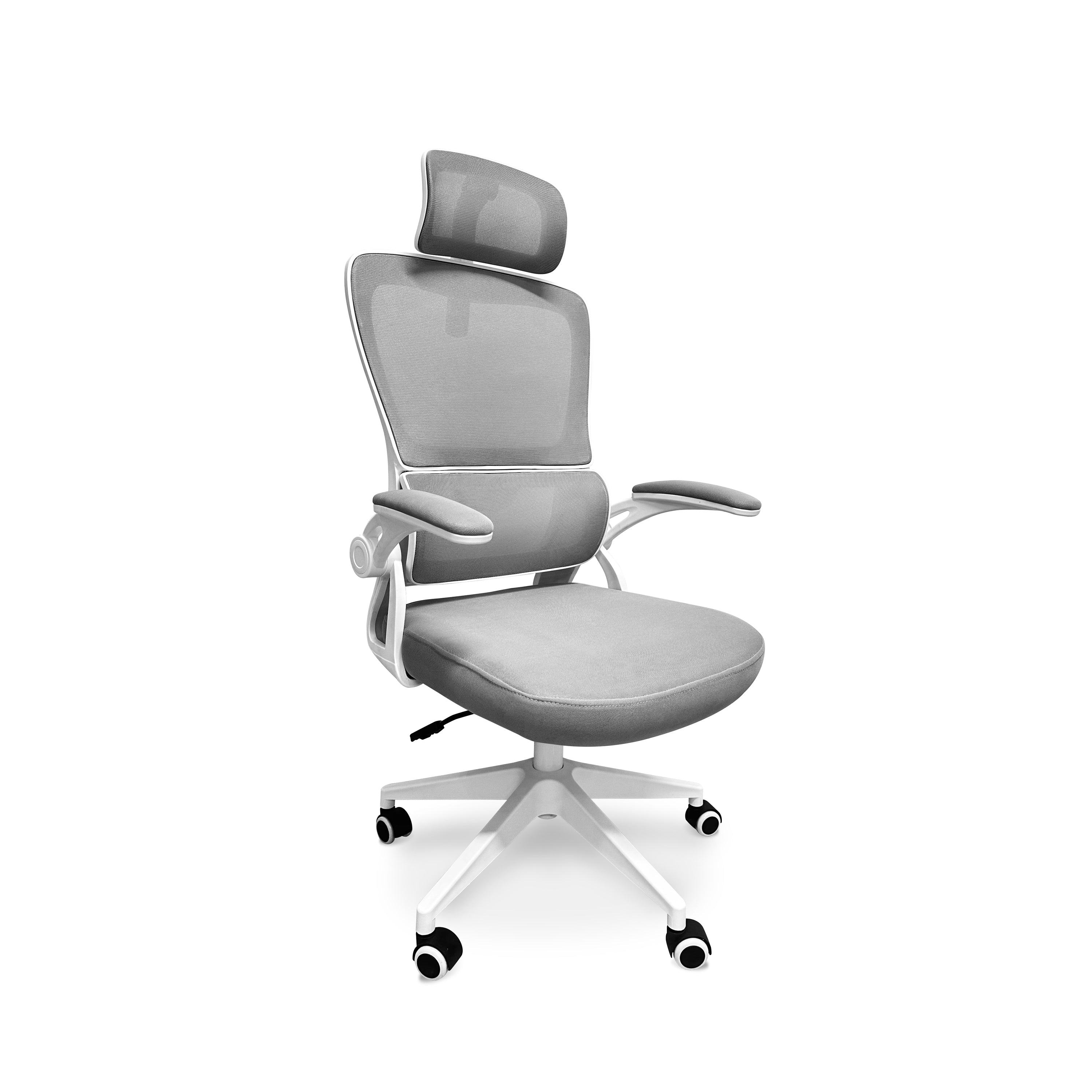 Lyn - Sedia da uffico ergonomica ad altezza regolabile, dotata di poggiatesta, imbottitura lombare e ruote girevoli - colore bianco e grigio
