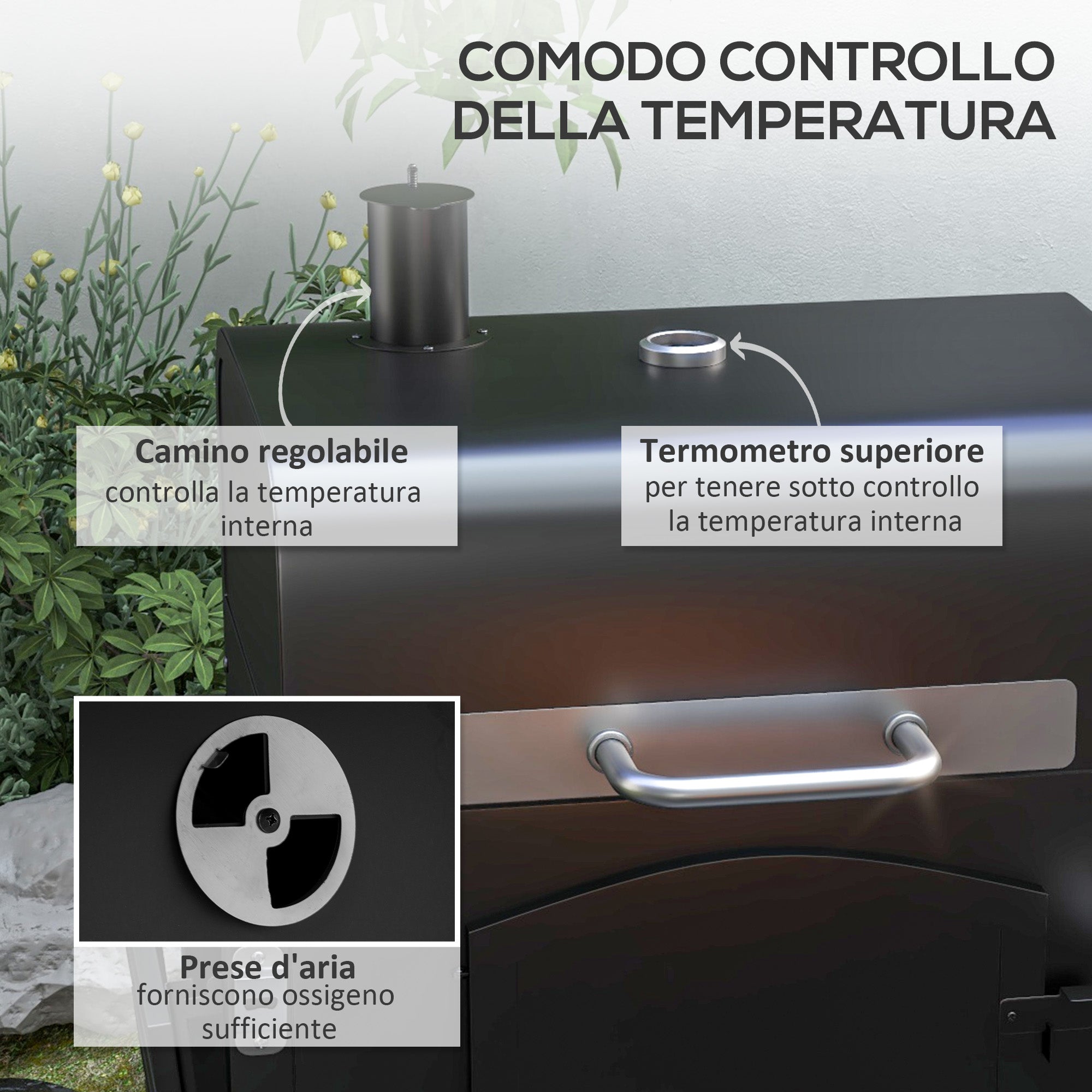 Barbecue da Giardino a 2 Ruote con Griglia Affumicatore e Fornello 124x66x112 cm in Metallo e Ghisa Nero