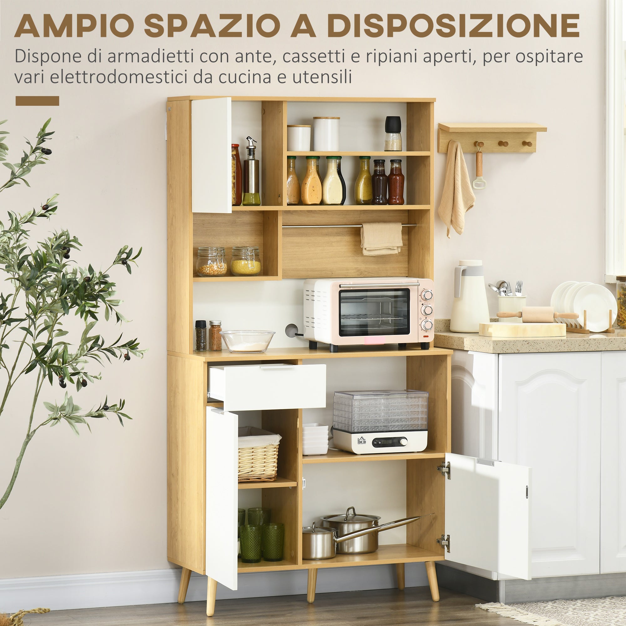 Dispensa da Cucina 93x40x180 cm in Truciolato Bianco e Legno Naturale