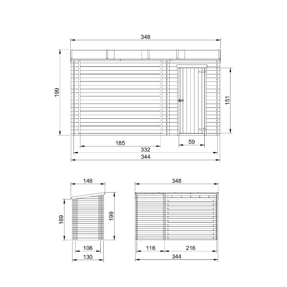 Casetta da Giardino in Legno - A199x344x130 cm - 2,54 m2+1,1 m2 - TIMBELA M205