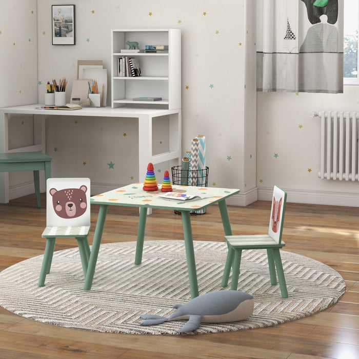 Set Tavolo con 2 Sedie per Bambini in Legno di Pino e MDF Verde