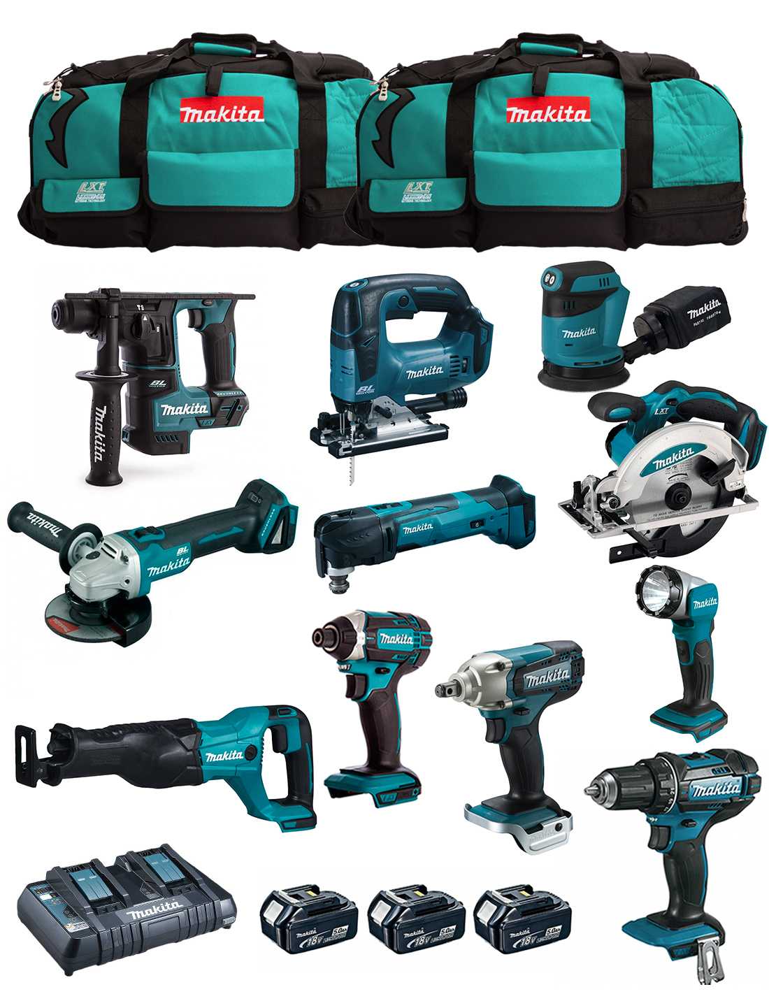 MAKITA Kit MK1101 (DDF482+DHR171+ DGA504+ DTD152+ DJV182+ DSS610+ DJR186+ DBO180+ DTM51+ DML802+ DTW190+3x5,0Ah+DC18RD+2xLXT600)