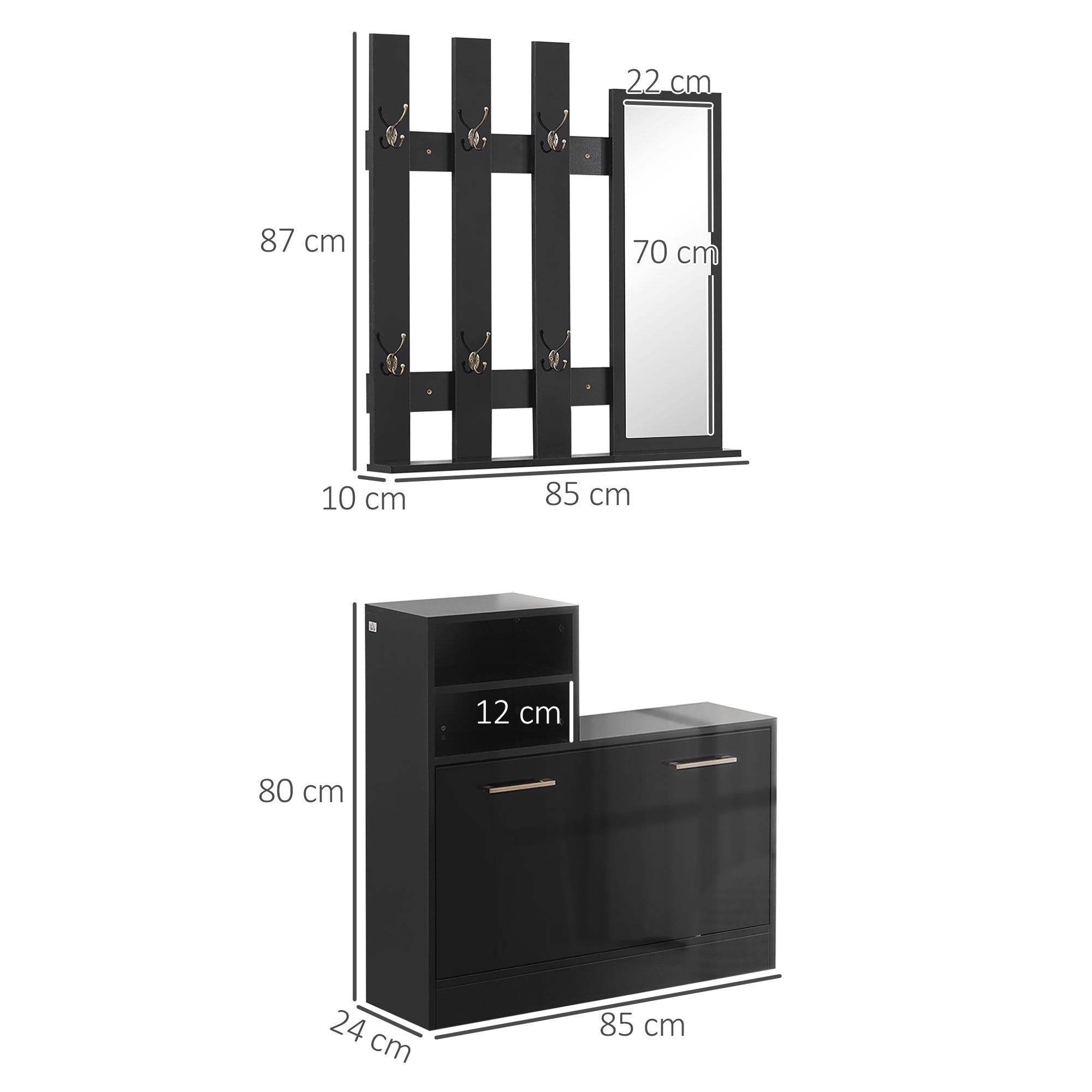 Mobile per Ingresso Scarpiera Appendiabiti e Specchio in Truciolato Nero Lucido