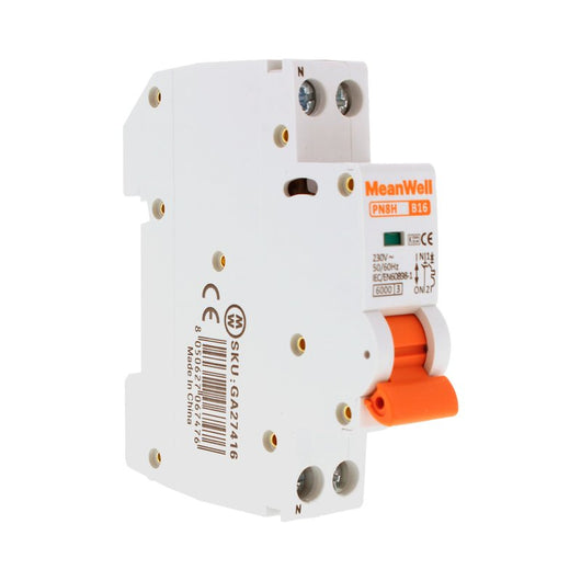 MeanWell MCB Interruttore Magnetotermico Automatico Curva B 1P+N 1M 6000A B16A AC 230V IP20 IEC60898-1