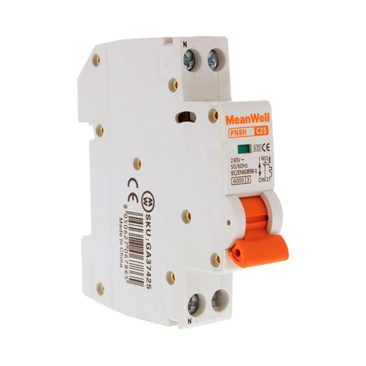 MeanWell MCB Interruttore Magnetotermico Automatico Curva C 1P+N 1M 6000A C25A AC 230V IP20 IEC60898-1