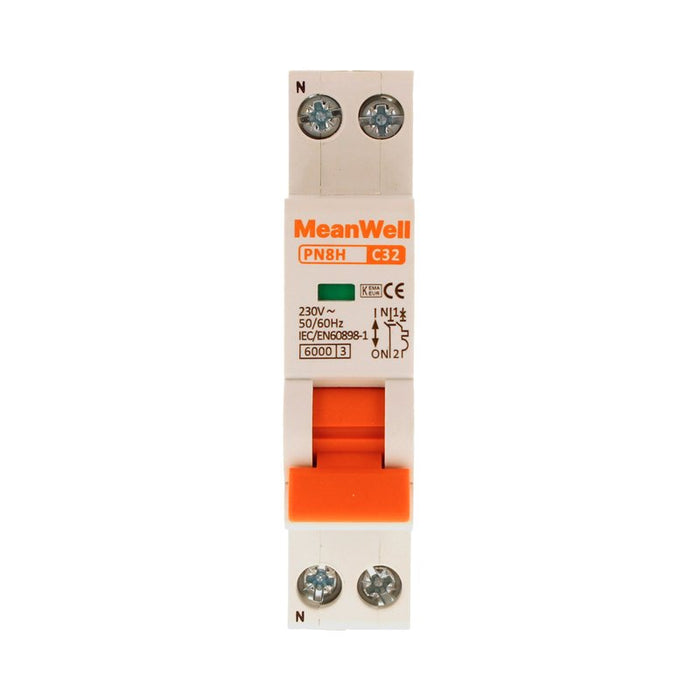 MeanWell MCB Interruttore Magnetotermico Automatico Curva C 1P+N 1M 6000A C32A AC 230V IP20 IEC60898-1