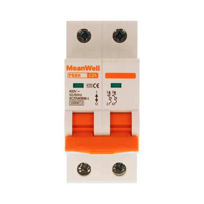 MeanWell MCB Interruttore Magnetotermico Automatico Curva C 2P 2M 10000A C25A AC 400V IP20 IEC60898-1