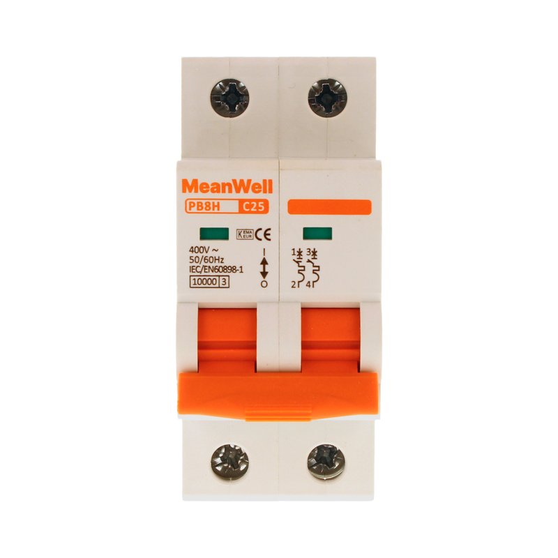 MeanWell MCB Interruttore Magnetotermico Automatico Curva C 2P 2M 10000A C25A AC 400V IP20 IEC60898-1