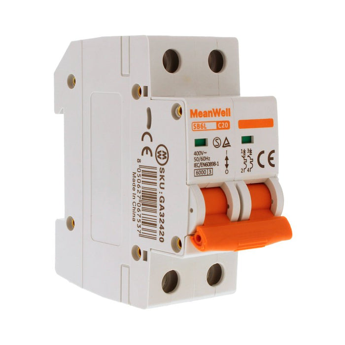 MeanWell MCB Interruttore Magnetotermico Automatico Curva C 2P 2M 6000A C20A AC 400V IP20 IEC60898-1