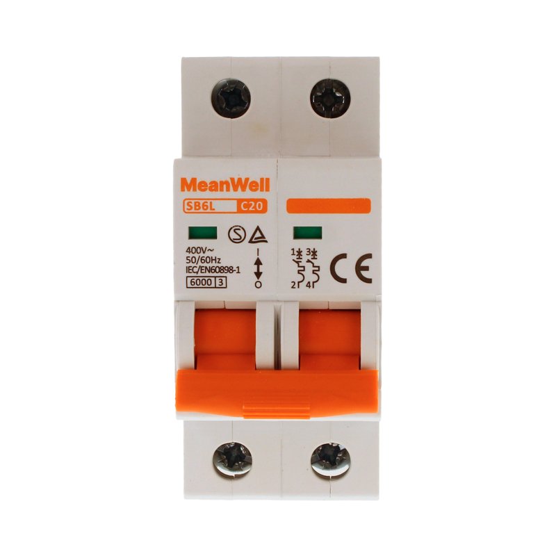 MeanWell MCB Interruttore Magnetotermico Automatico Curva C 2P 2M 6000A C20A AC 400V IP20 IEC60898-1