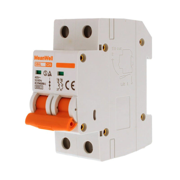 MeanWell MCB Interruttore Magnetotermico Automatico Curva C 2P 2M 6000A C20A AC 400V IP20 IEC60898-1