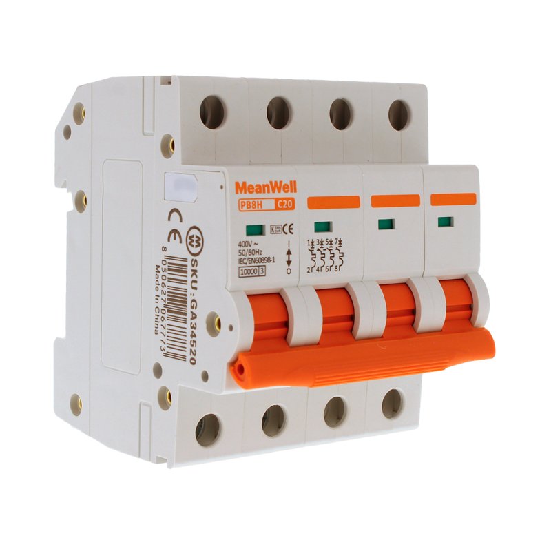 MeanWell MCB Interruttore Magnetotermico Automatico Curva C 4P 4M 10000A C20A AC 400V IP20 IEC60898-1