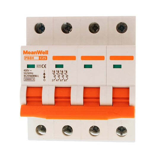 MeanWell MCB Interruttore Magnetotermico Automatico Curva C 4P 4M 10000A C25A AC 400V IP20 IEC60898-1