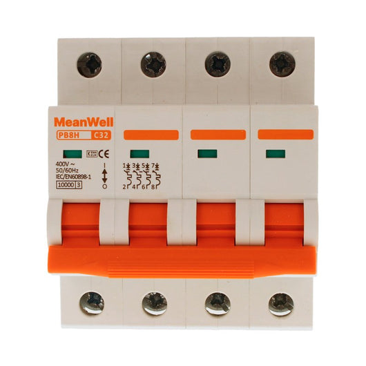 MeanWell MCB Interruttore Magnetotermico Automatico Curva C 4P 4M 10000A C32A AC 400V IP20 IEC60898-1