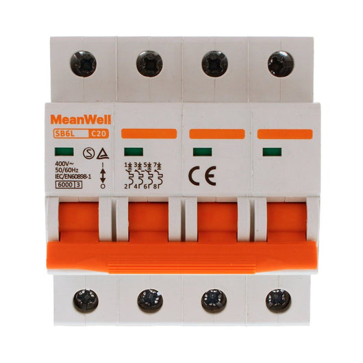 MeanWell MCB Interruttore Magnetotermico Automatico Curva C 4P 4M 6000A C20A AC 400V IP20 IEC60898-1