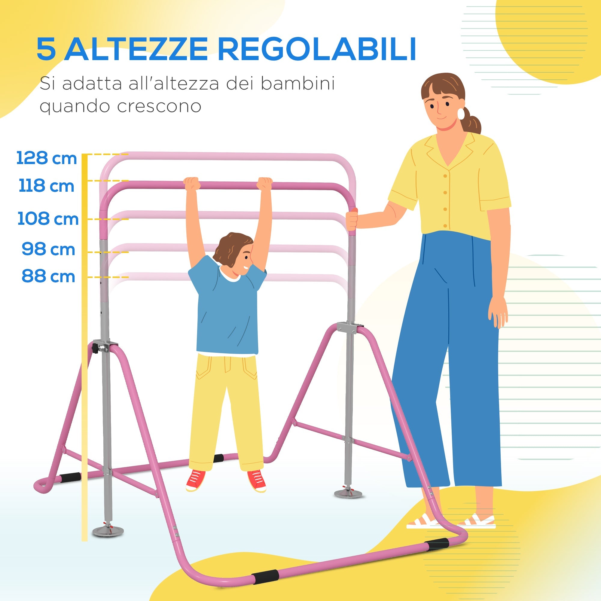 Barra Trazioni per Bambini Pieghevole Altezza Regolabile 88-128 cm in Acciaio Rosa