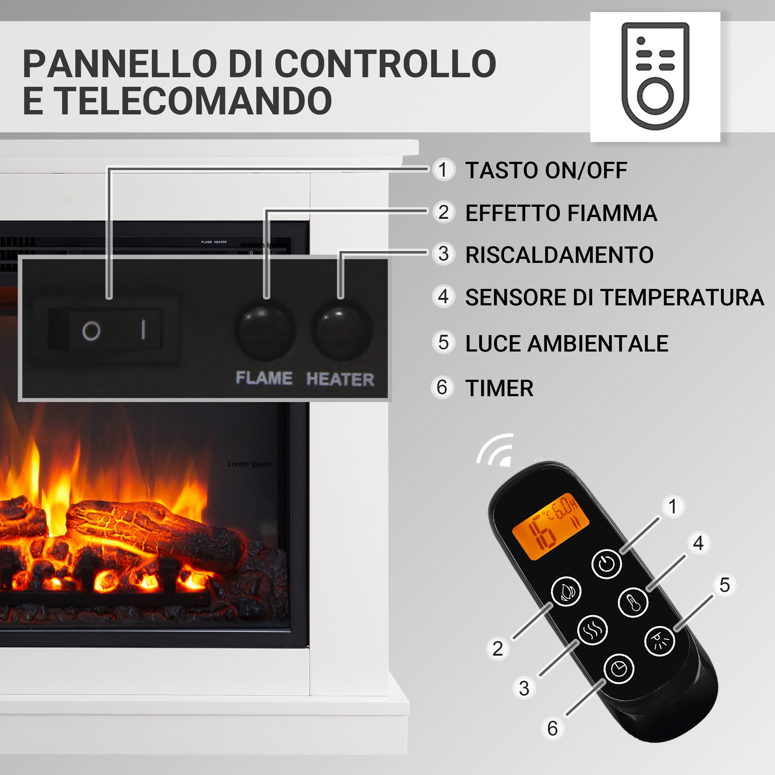 Camino elettrico da terra Phanos | Fiamma 3D, riscaldamento 2000W, luce LED, telecomando, timer, termostato | Bianco