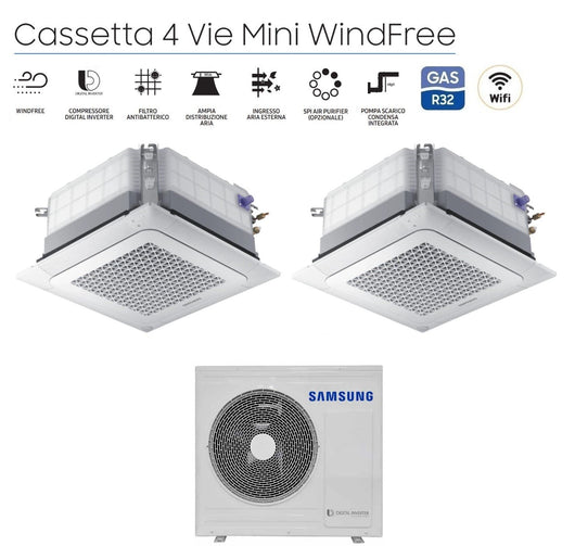 Climatizzatore Condizionatore Samsung Dual Split Inverter Cassetta 4 Vie Mini Windfree 12+12 con AJ068TXJ3KG/EU R-32 12000+12000 Wi-Fi Optional con Griglia Inclusa