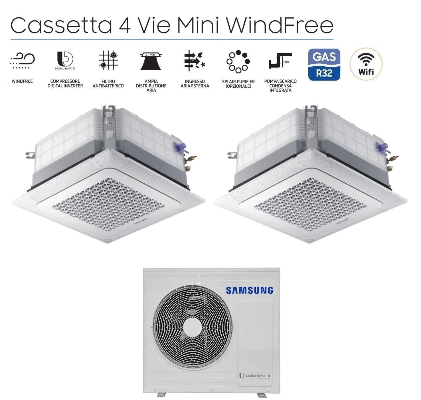 Climatizzatore Condizionatore Samsung Dual Split Inverter Cassetta 4 Vie Mini Windfree 12+18 con AJ068TXJ3KG/EU R-32 12000+18000 Wi-Fi Optional con Griglia Inclusa