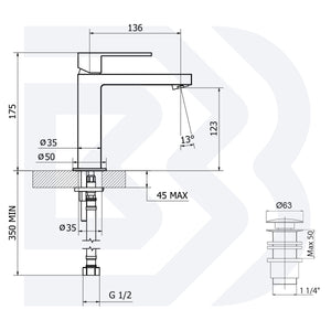 MISCELATORE MONOCOMANDO LAVABO MEDIO CON BOCCA LUNGA E SCARICO - 1” 1/4” CLIC-CLAC – SERIE METRO – BIANCHI – CROMO 