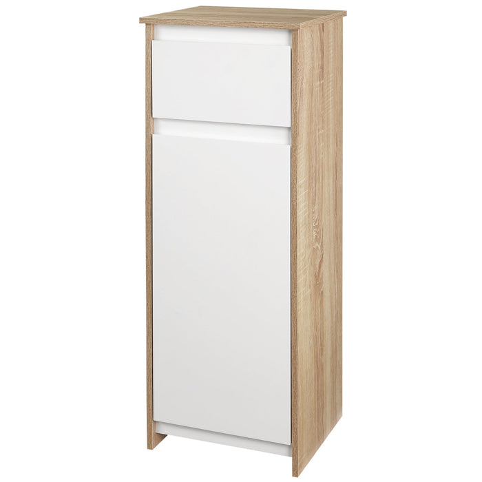 Mobile Bagno con Cassetto e Armadietto con Ripiano Regolabile Interno 32,6x30x90 cm in MDF Bianco e legno naturale