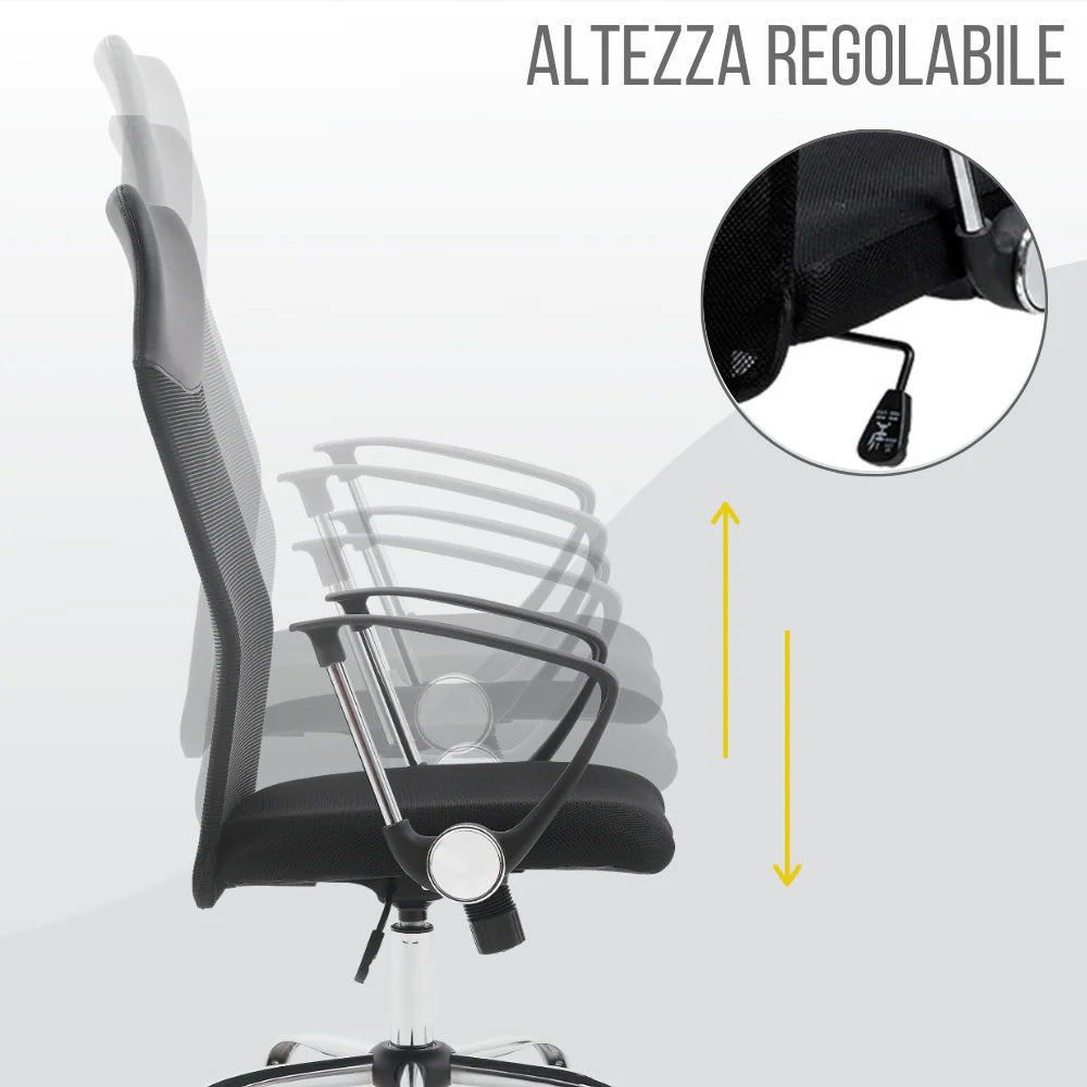 Sedia Direzionale da Ufficio 66x50x112/123 cm Ergonomica in Rete Mesh Certificata EN1335 Nera