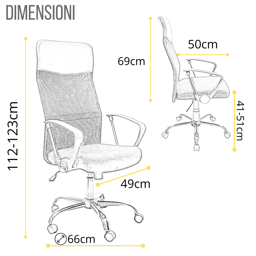 Sedia Direzionale da Ufficio 66x50x112/123 cm Ergonomica in Rete Mesh Certificata EN1335 Nera