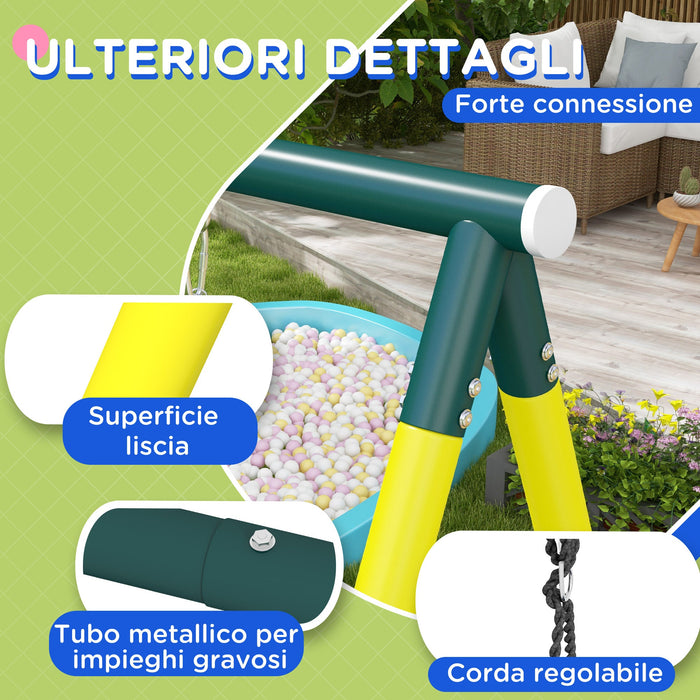 Set Altalene da Giardino Rotonda e Classica con Corda e Canestro 267x180x202 cm in Acciaio Giallo Verde e Blu