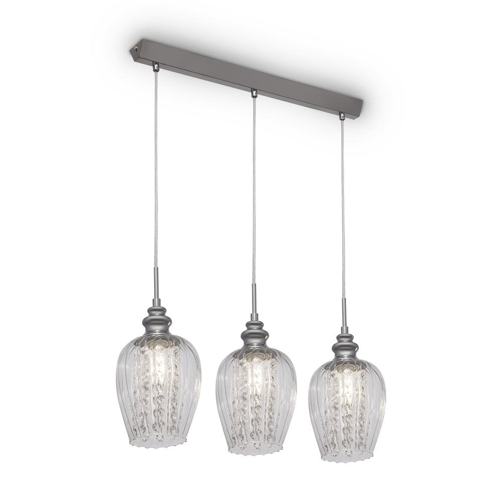 Lampadario Contemporaneo Blues Metallo Nichel 3 Luci Diffusori Vetro Trasparente