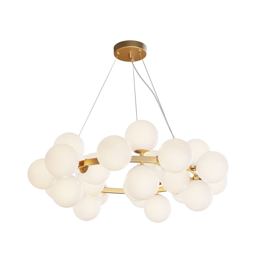 Lampadario Contemporaneo Dallas Metallo Oro 25 Luci Diffusori Bianco Opaco