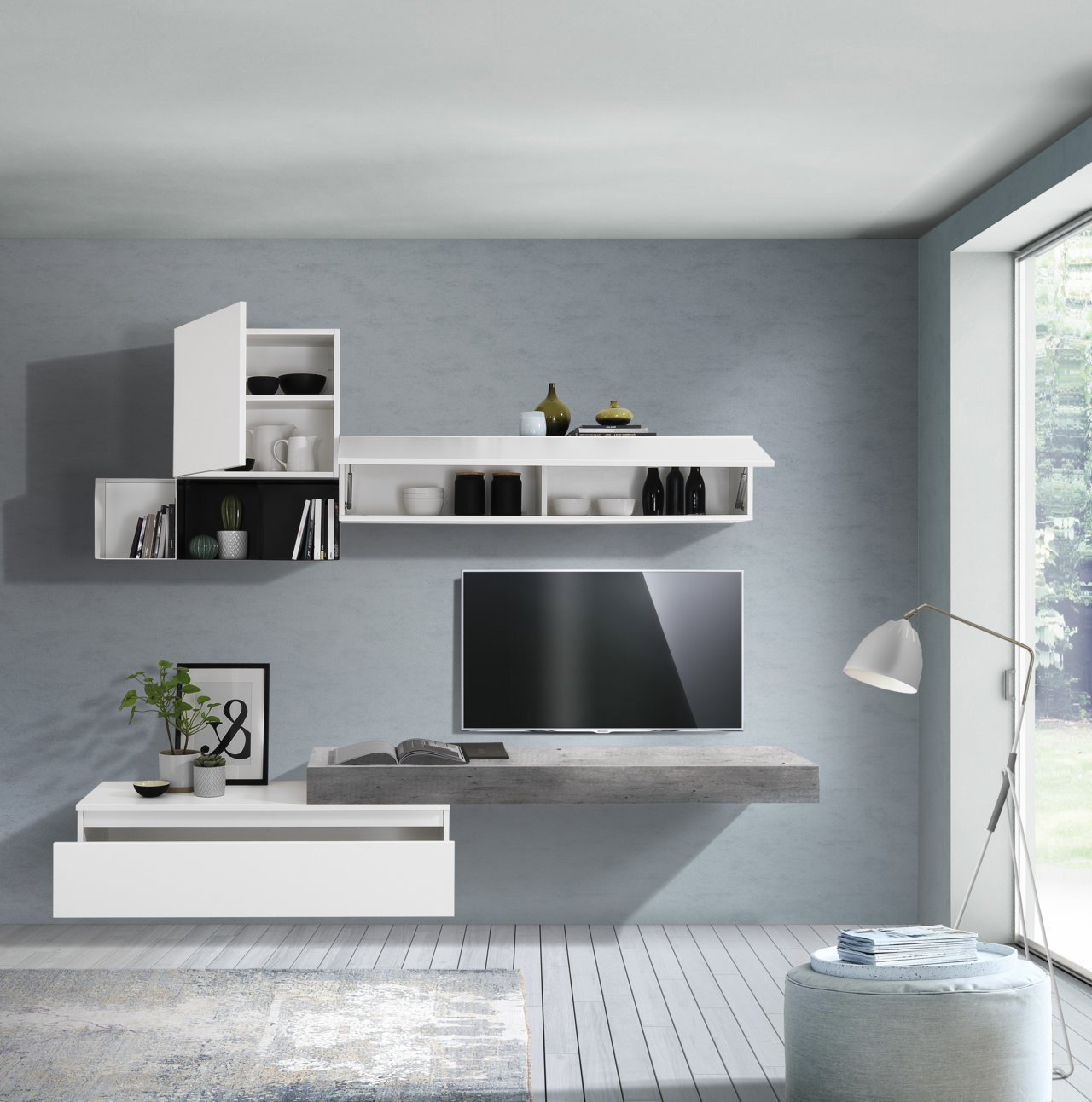 Composizione Living EMILIA cemento/bianco