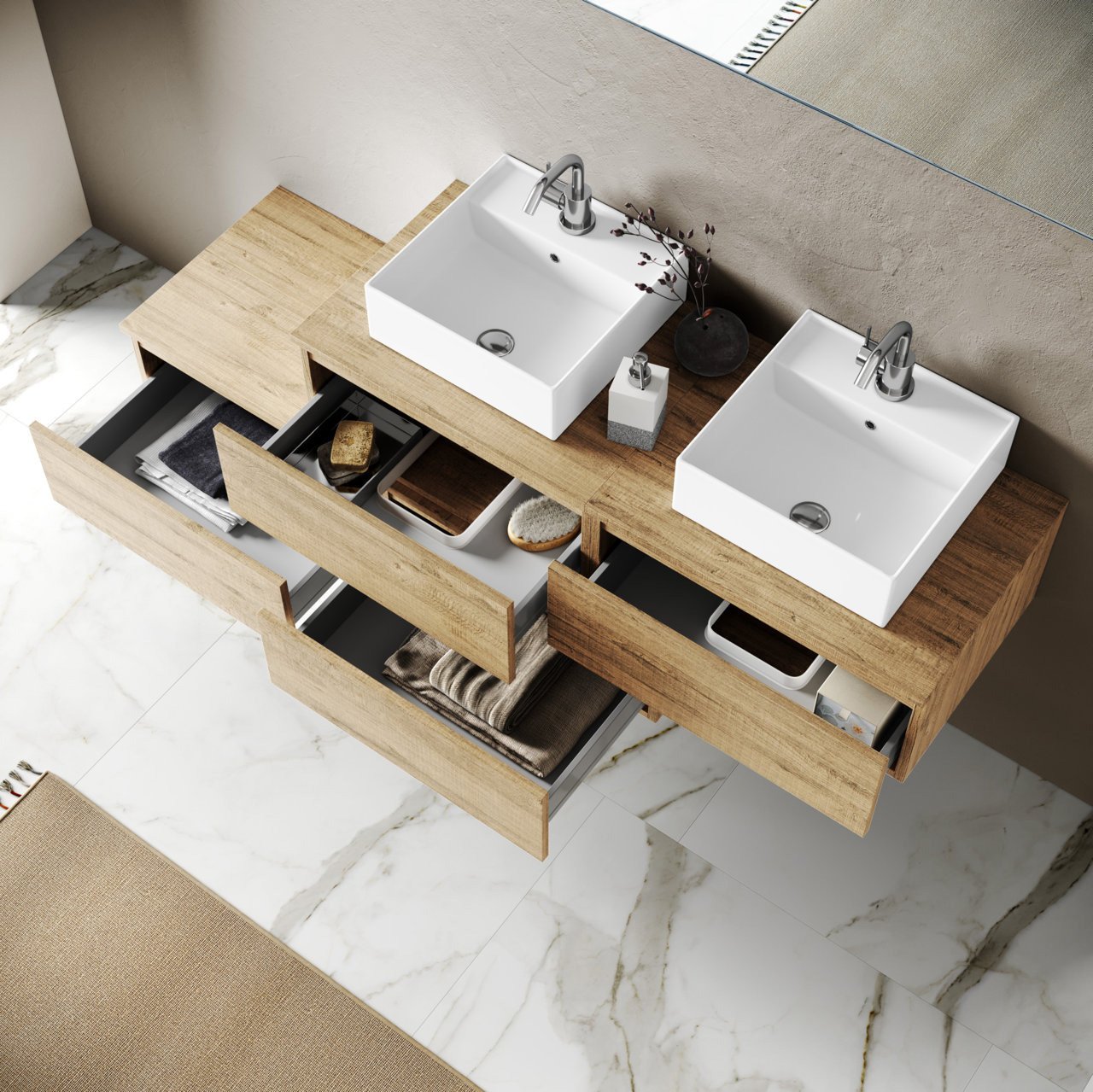 Mobile bagno composizione doppio lavabo 8 pezzi ASTRA colore rovere miele