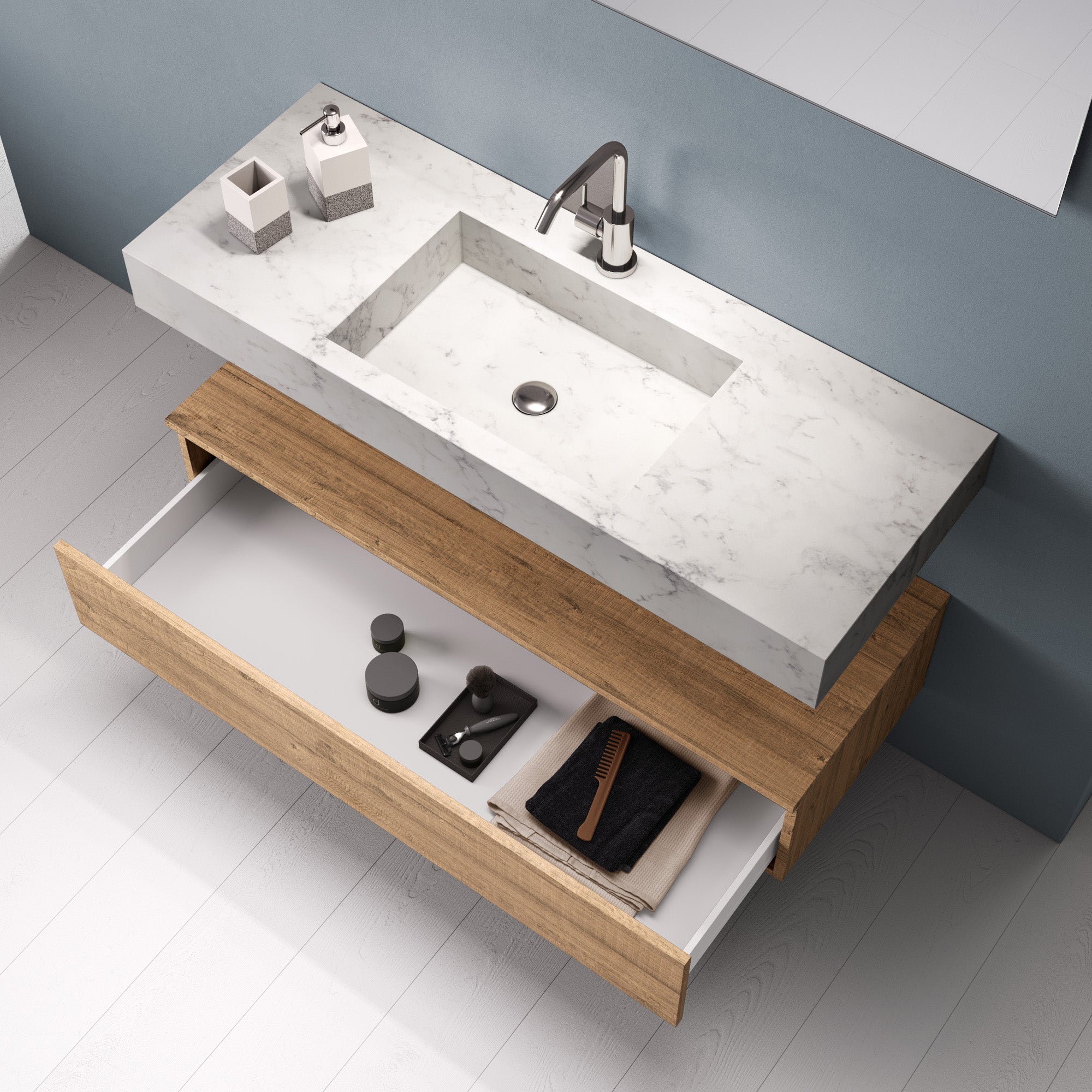 Mobile bagno composizione 5 pezzi ASTRA marmo carrara/colore rovere miele