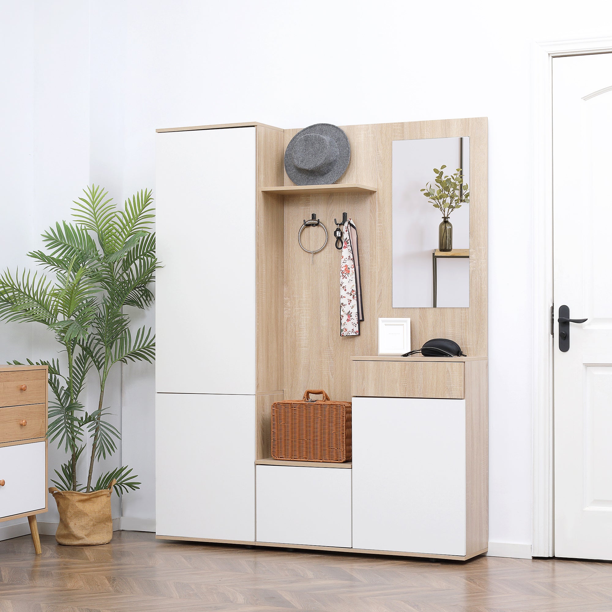 Mobile da Ingresso 4 in 1 con Specchio 145x29x184 cm in Truciolato Bianco e Legno Naturale