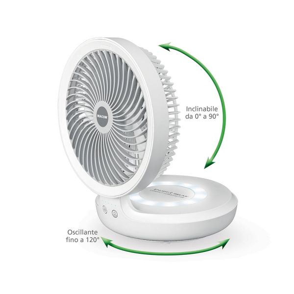 Macom enjoy & relax 990 compact cordless fan ventilatore da tavolo ricaricabile usb, diametro da 19 cm, bianco