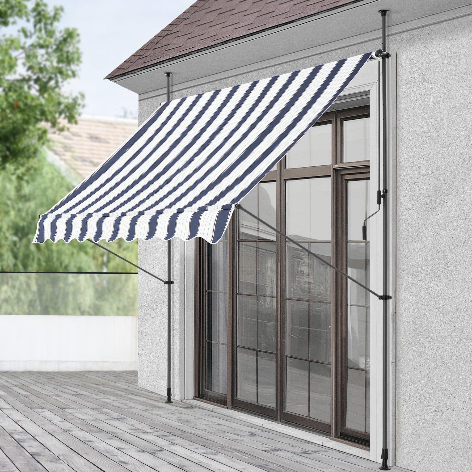 Tenda da Sole a Muro con Pali di Supporto Telescopici Parasole 300 x 120 cm (LxP) Blu Scuro/Bianco pro.tec