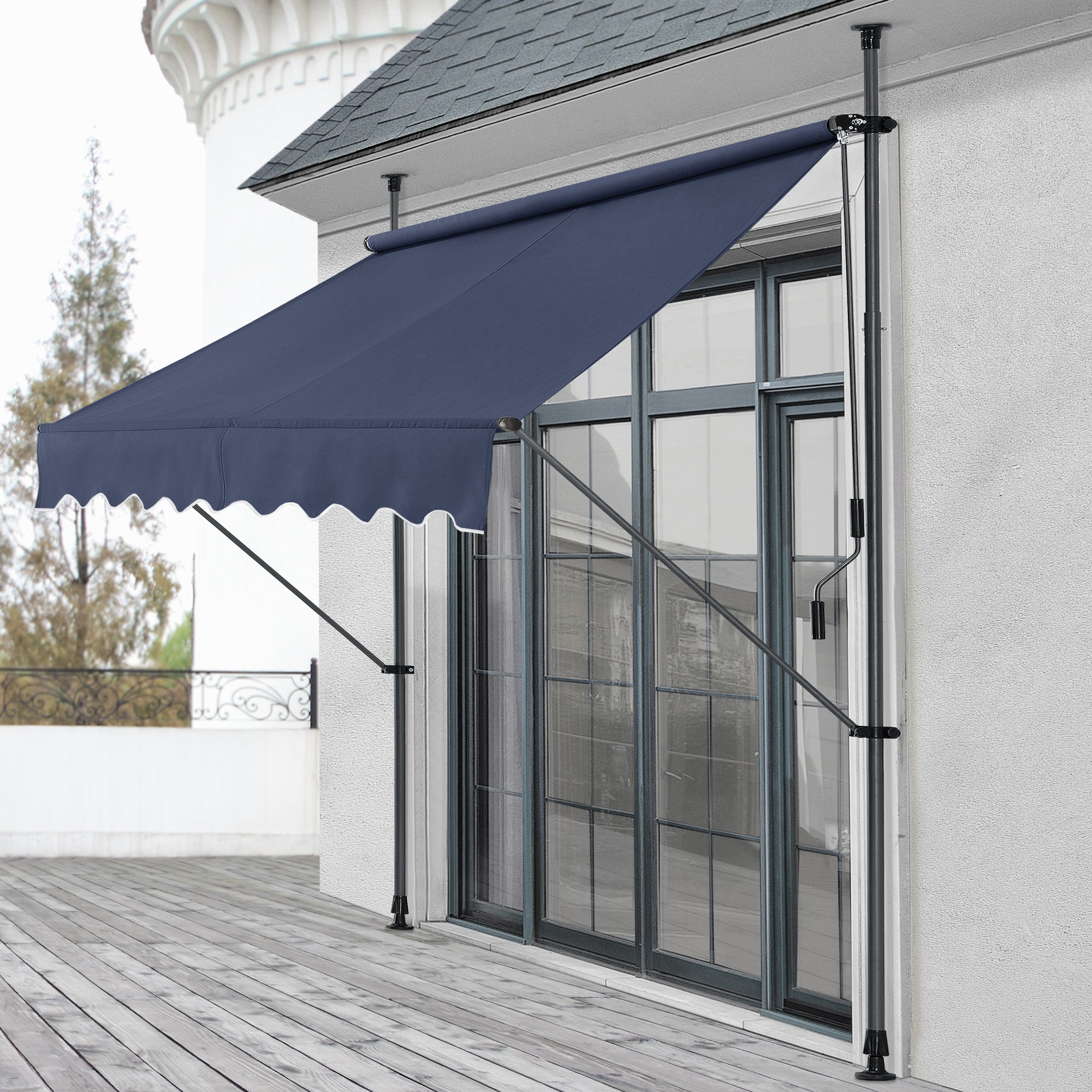 Tenda da Sole a Muro con Pali di Supporto Telescopici Parasole 200 x 120 cm (LxP) Blu Scuro pro.tec