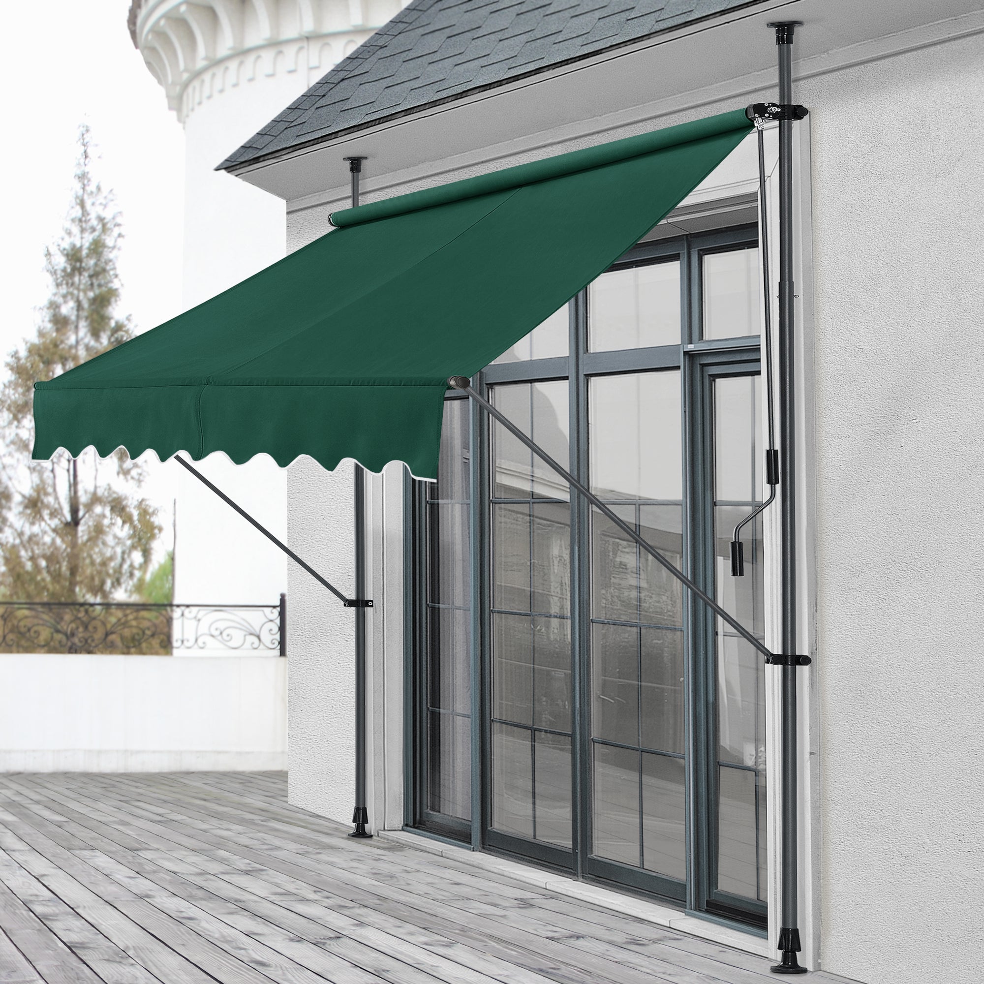 Tenda da Sole a Muro con Pali di Supporto Telescopici Parasole 200 x 120 cm (LxP) Verde Scuro pro.tec