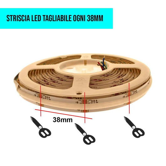 MeanWell Bobina Striscia LED RGBCW COB910 24V, 18W/M, Dimmerabile PWM, Tagliabile ogni 3,85cm IP20, Luce RGB + CCT 2700K-6500K, CRI>90, CE, Durata 30000 Ore