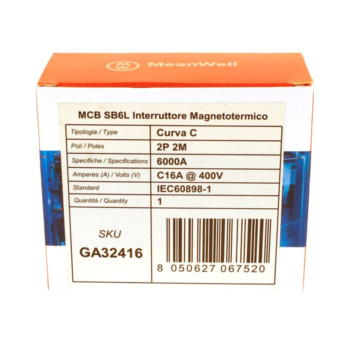 MeanWell MCB Interruttore Magnetotermico Automatico Curva C 2P 2M 6000A C16A AC 400V IP20 IEC60898-1