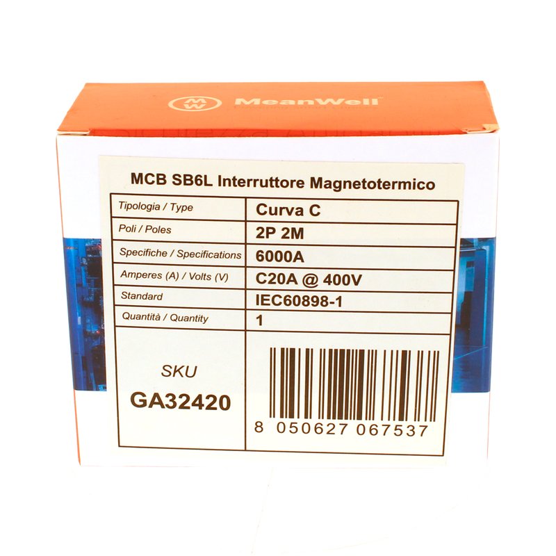 MeanWell MCB Interruttore Magnetotermico Automatico Curva C 2P 2M 6000A C20A AC 400V IP20 IEC60898-1