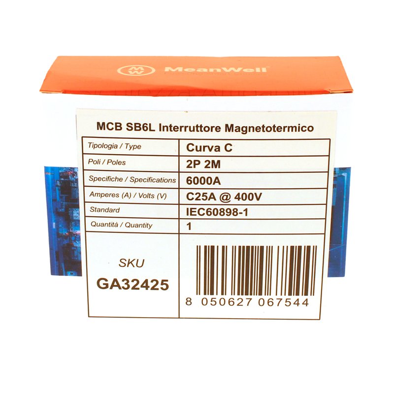 MeanWell MCB Interruttore Magnetotermico Automatico Curva C 2P 2M 6000A  C25A AC 400V IP20 IEC60898-1