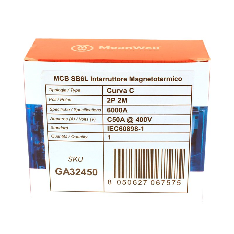 MeanWell MCB Interruttore Magnetotermico Automatico Curva C 2P 2M 6000A C50A AC 400V IP20 IEC60898-1