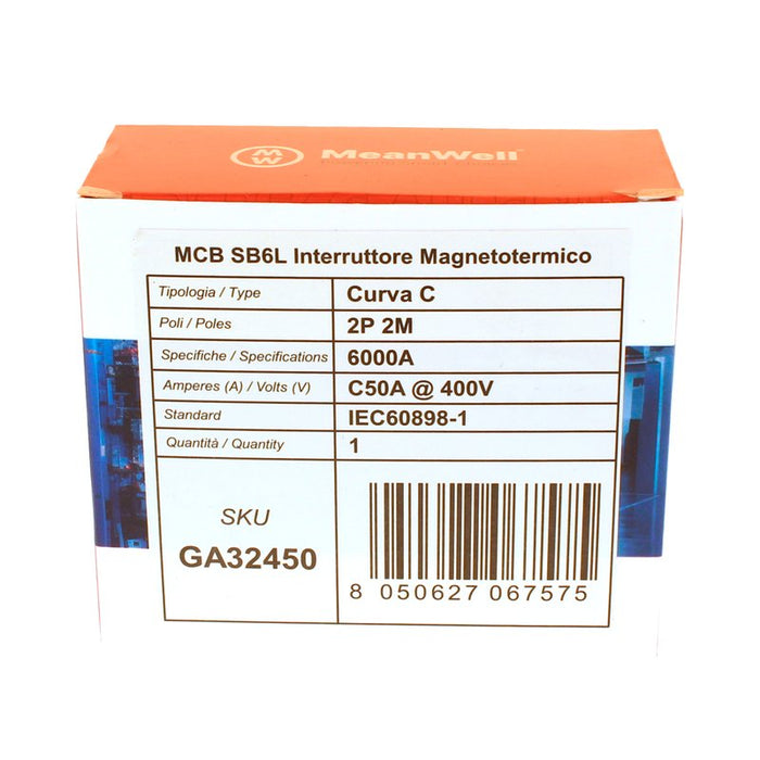 MeanWell MCB Interruttore Magnetotermico Automatico Curva C 2P 2M 6000A C50A AC 400V IP20 IEC60898-1