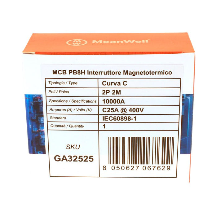 MeanWell MCB Interruttore Magnetotermico Automatico Curva C 2P 2M 10000A C25A AC 400V IP20 IEC60898-1