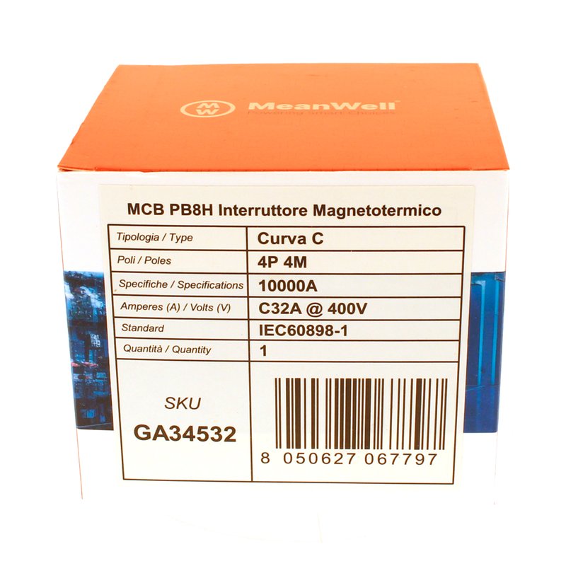 MeanWell MCB Interruttore Magnetotermico Automatico Curva C 4P 4M 10000A C32A AC 400V IP20 IEC60898-1