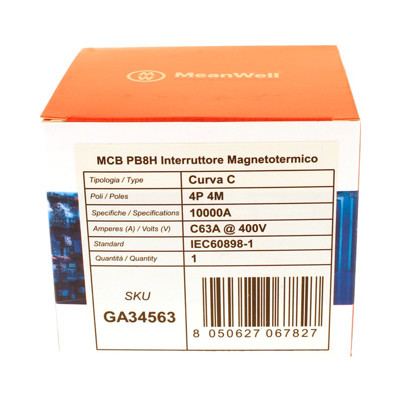 MeanWell MCB Interruttore Magnetotermico Automatico Curva C 4P 4M 10000A C63A AC 400V IP20 IEC60898-1