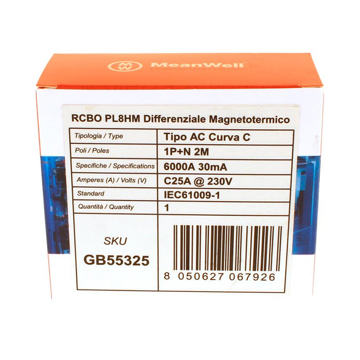 MeanWell RCBO Interruttore Magnetotermico Differenziale Tipo AC Curva C 1P+N 2M 6000A 30mA C25A AC 230V IP20 IEC61009-1