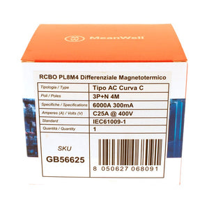 MeanWell RCBO Interruttore Magnetotermico Differenziale Tipo AC Curva C 3P+N 4M 6000A 300mA C25A AC 400V IP20 IEC61009-1