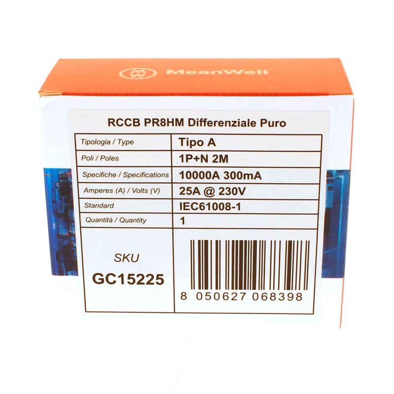 MeanWell RCCB Interruttore Differenziale Puro Tipo A 1P+N 2M 10000A 300mA 25A AC 230V IP20 IEC61008-1